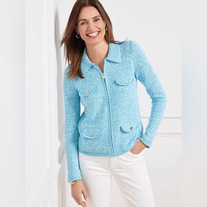 NWOT Talbots Collared Textured Knit Zip Cardigan Medium Tweed Style Pockets